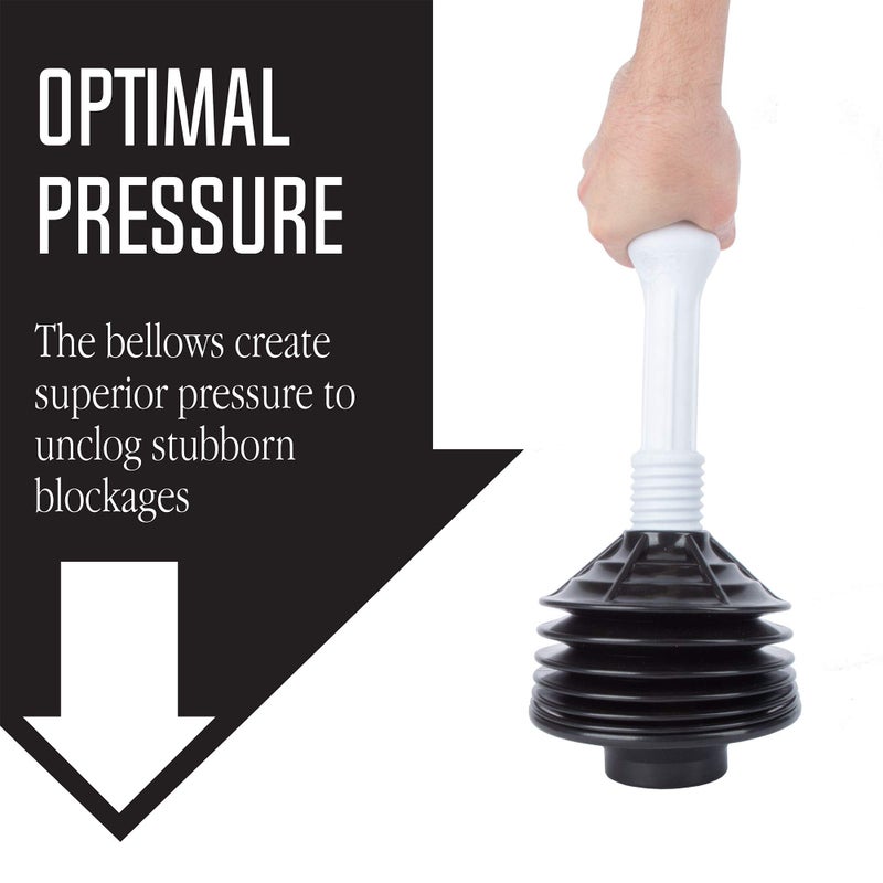 JS Jackson Supplies Professional Bellows Accordion Toilet Plunger, High Pressure Plunge Removes Heavy Duty Clogs from Bathroom Toilets, All Purpose Power Plunger, White & Black - Image 5